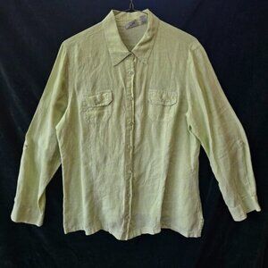 100% Linen Chico's Light Green Check Button-Up Shirt